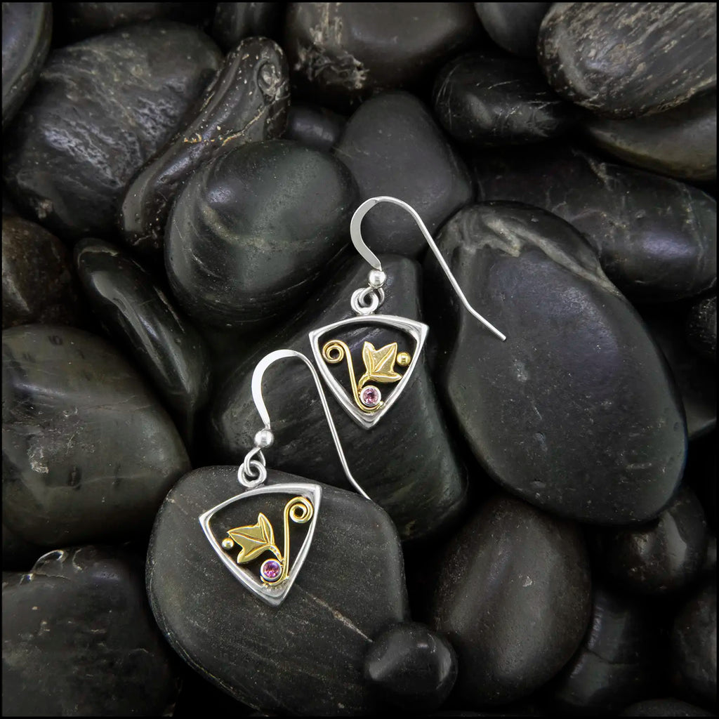 Triangle Sterling Silver Frame drop earrings with 18K yellow gold leaf accents and pink tourmalines