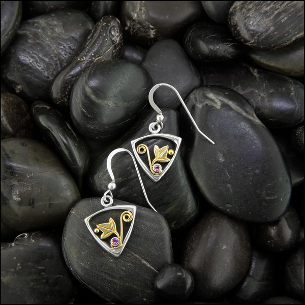 Triangle Sterling Silver Frame drop earrings with 18K yellow gold leaf accents and pink tourmalines