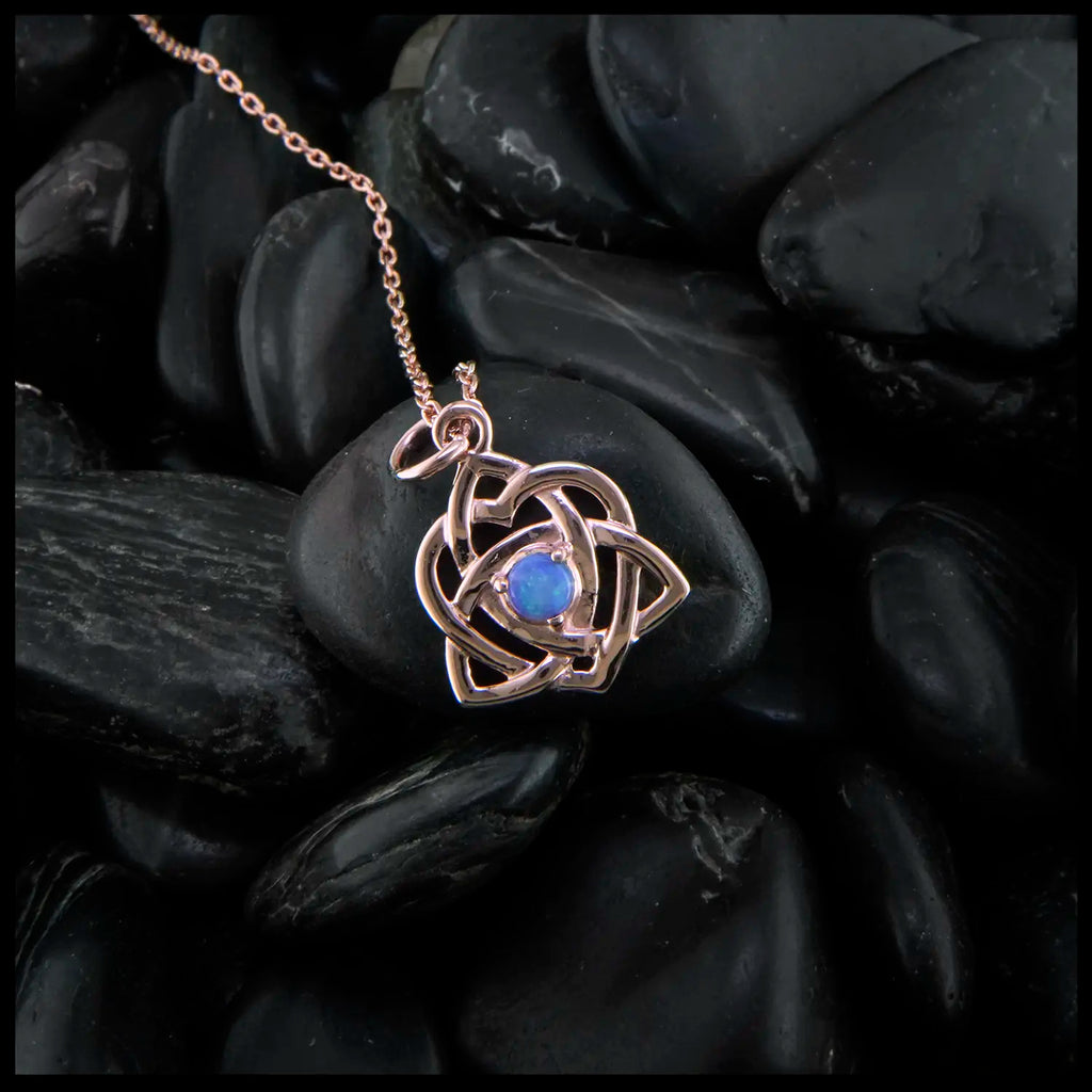Rose gold Trinity Knot Heart pendant set with 4mm Opal