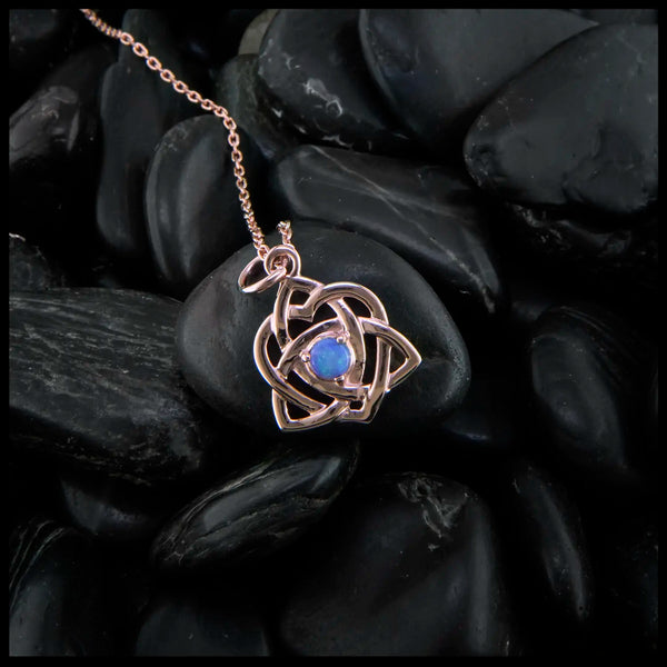 Rose gold Trinity Knot Heart pendant set with 4mm Opal