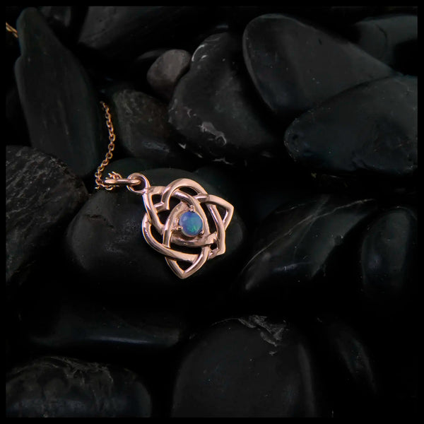 Rose gold Trinity Knot Heart pendant set with 4mm Opal