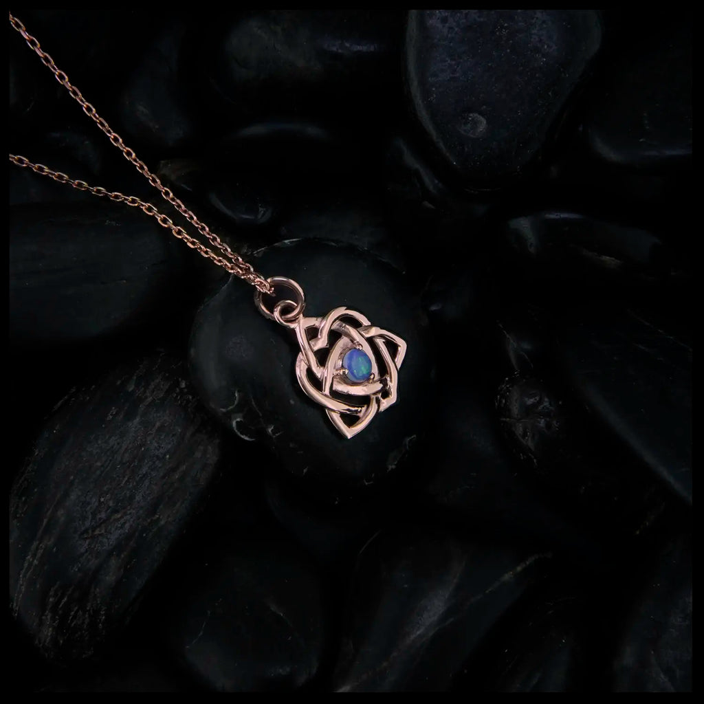 Rose gold Trinity Knot Heart pendant set with 4mm Opal