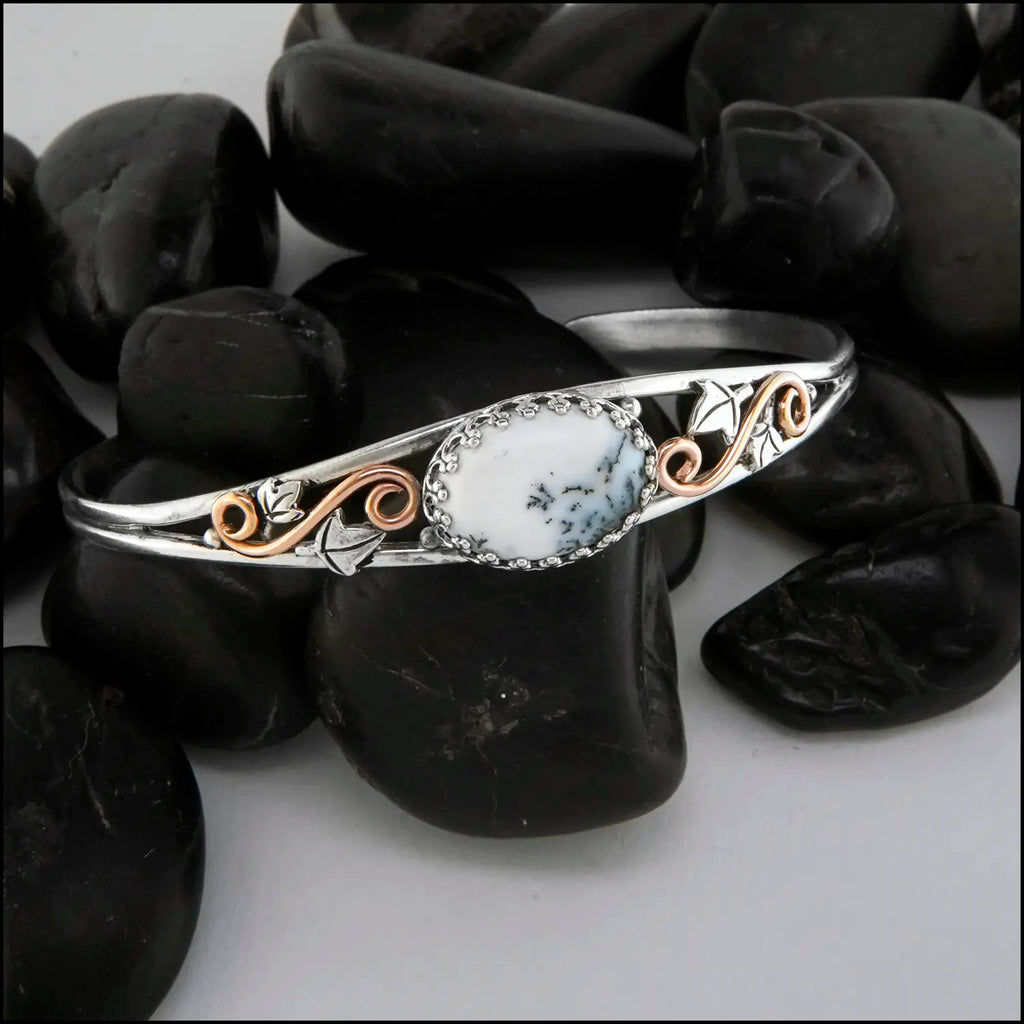 Dendritic Opal cuff bracelet set in a Sterling Silver Frame, with sterling silver ivy leaves and beads and 14K rose gold-filled swirls.