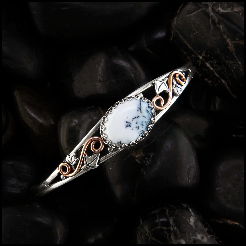 Dendritic Opal cuff bracelet set in a Sterling Silver Frame, with sterling silver ivy leaves and beads and 14K rose gold-filled swirls.