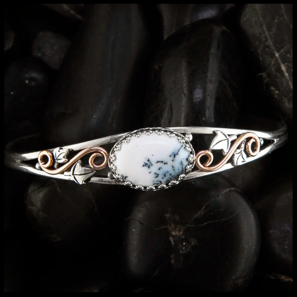 Dendritic Opal cuff bracelet set in a Sterling Silver Frame, with sterling silver ivy leaves and beads and 14K rose gold-filled swirls.