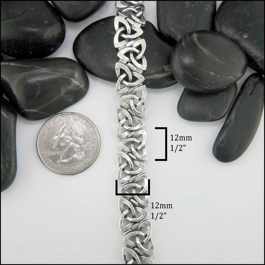 Sterling Silver Open Trinity Knot bracelets with interlinking hinge-style links. Each link measures at 12mm x 12mm