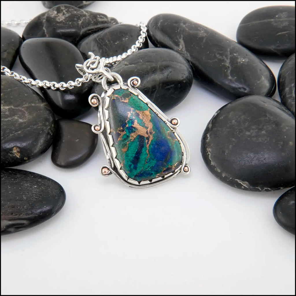 Malachite Azurite Pendant in Sterling Silver and 14K Rose Gold