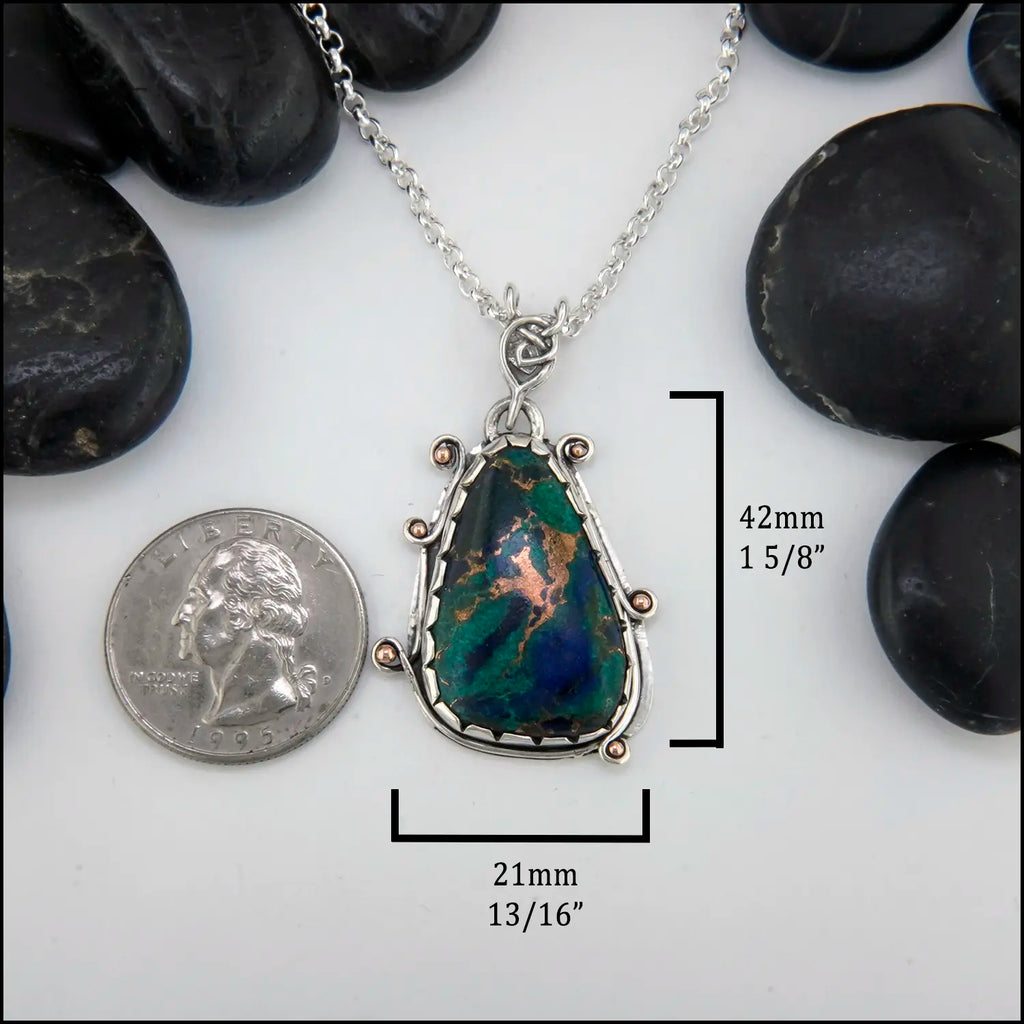 Malachite Azurite Pendant in Sterling Silver and 14K Rose Gold 42mmx21mm
