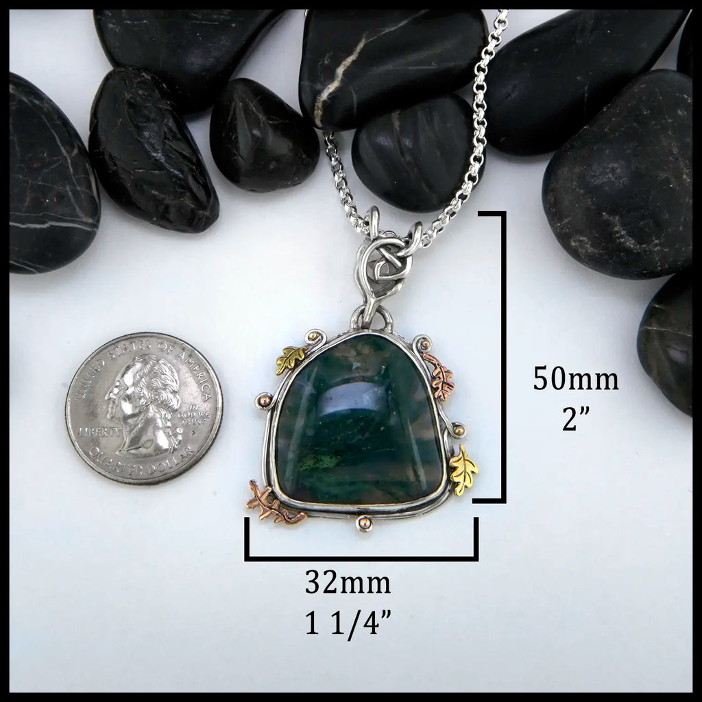 Moss Agate Pendant in Sterling Silver and 14K/18K Gold 50mmx32mm