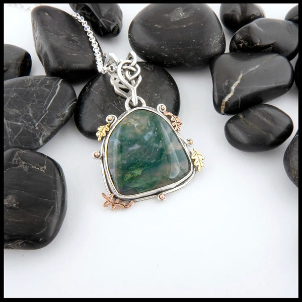 Moss Agate Pendant in Sterling Silver and 14K/18K Gold