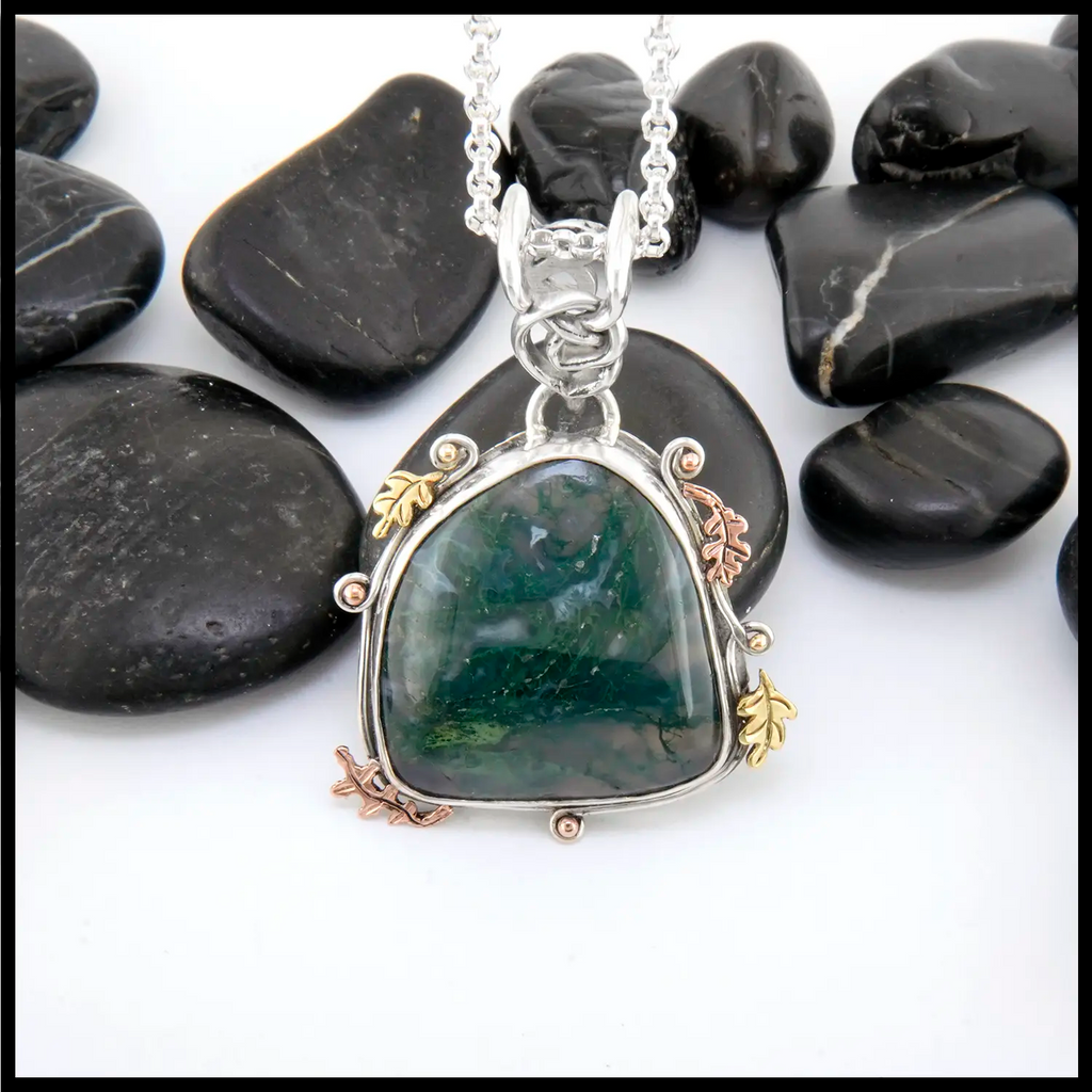 Moss Agate Pendant in Sterling Silver and 14K/18K Gold