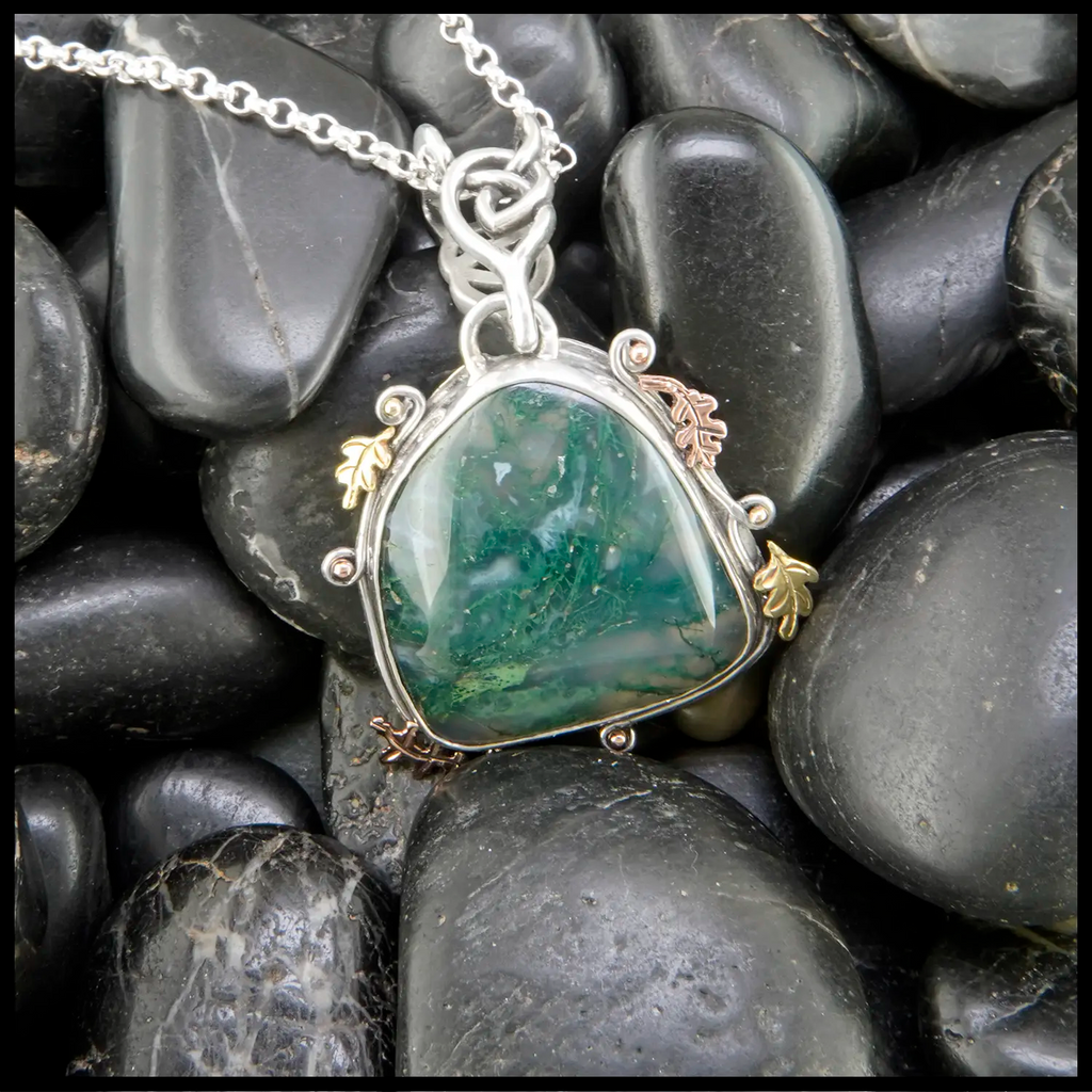 Moss Agate Pendant in Sterling Silver and 14K/18K Gold