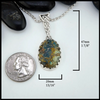 Jasper pendant with silver chain on a white background, compared to a quarter for scale. 47mm by 20mm