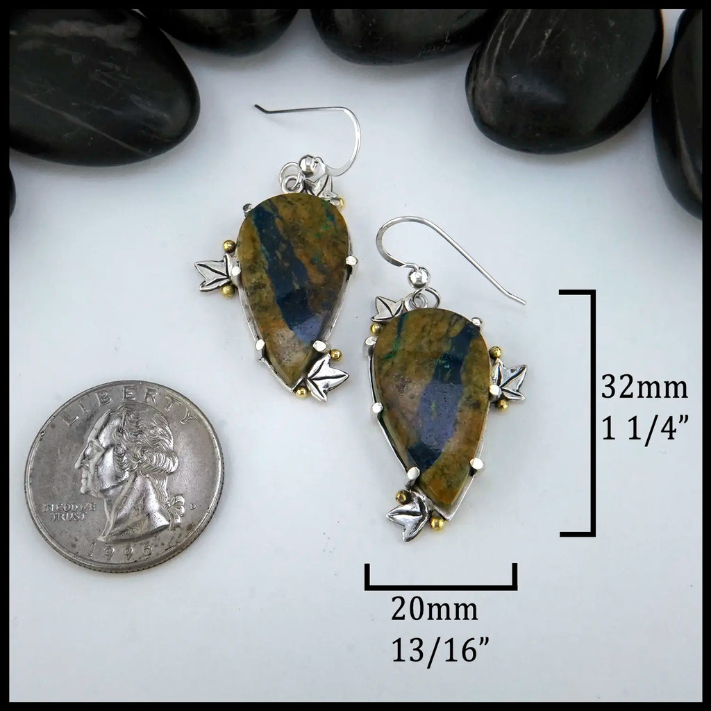 Malachite Azurite Drop Earrings with oak leaf details in sterling silver with gold accent next to quarter for scale. 32mm by 20mm