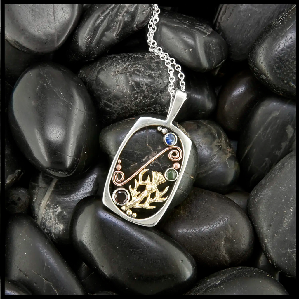 Scottish Thistle pendant in Sterling silver with yellow gold accents