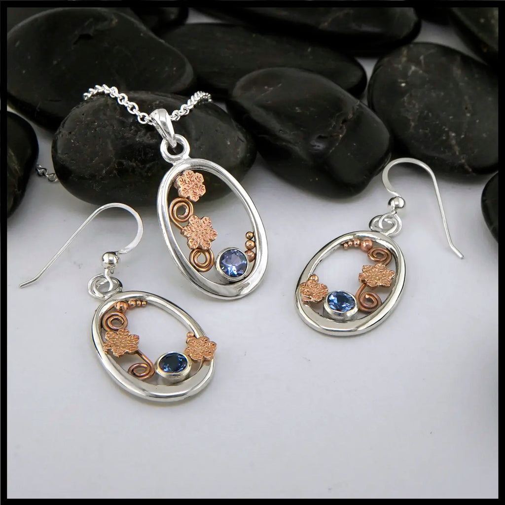 Tanzanite Snowflake Pendant and Earrings Set in Sterling Silver and 14K Rose Gold