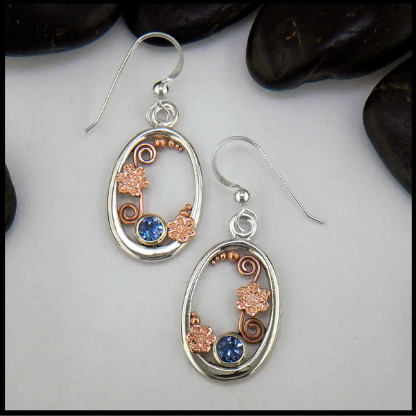 Tanzanite Snowflake Earrings Set in Sterling Silver and 14K Rose Gold