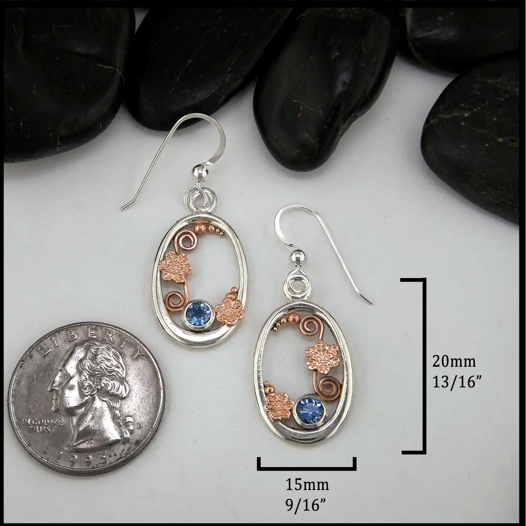 Tanzanite Snowflake Earrings Set in Sterling Silver and 14K Rose Gold 20mm x 15mm