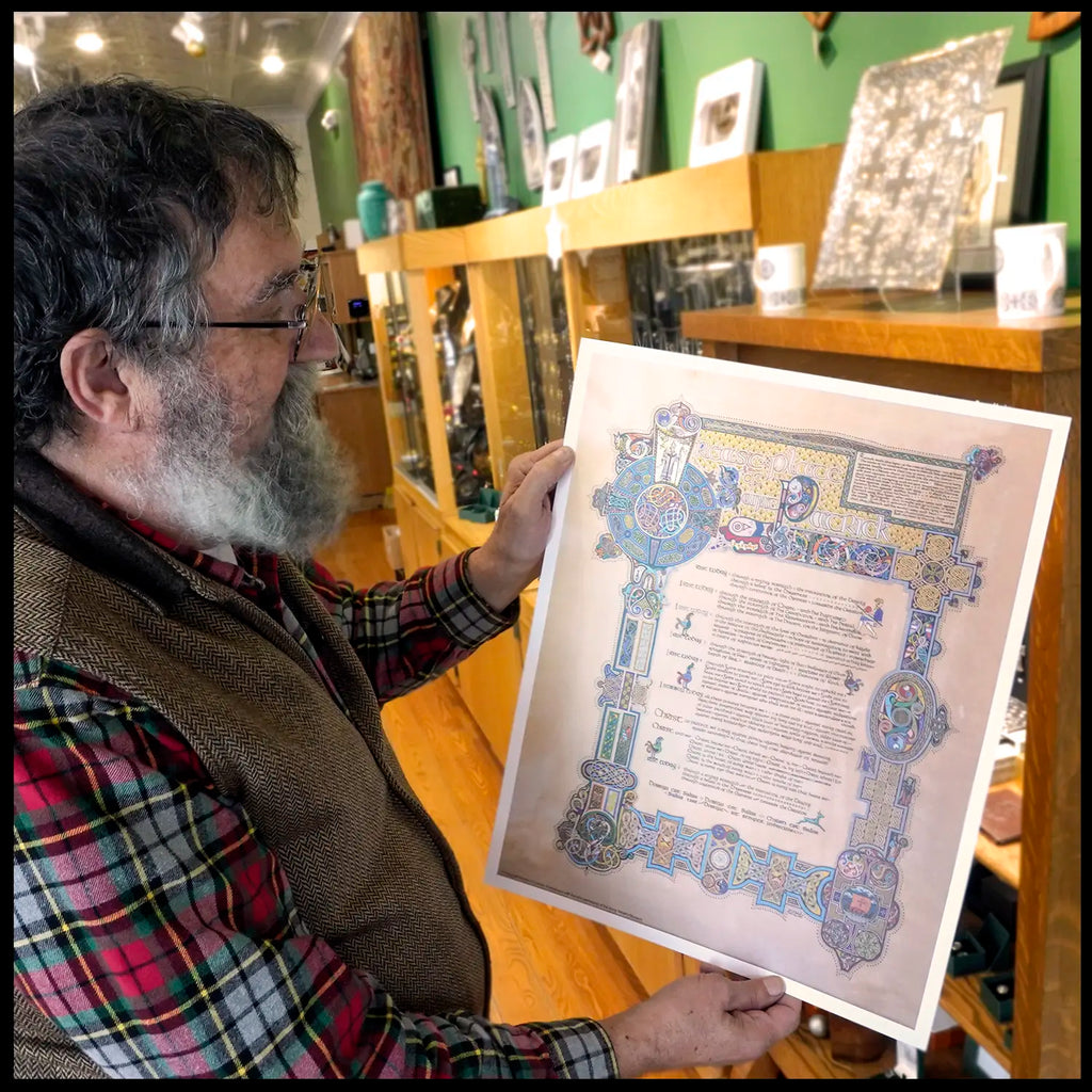 Man holding a decorative document in a store setting