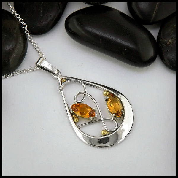 Twin Marquise Citrine Pendant set in Sterling Silver and 18K Gold