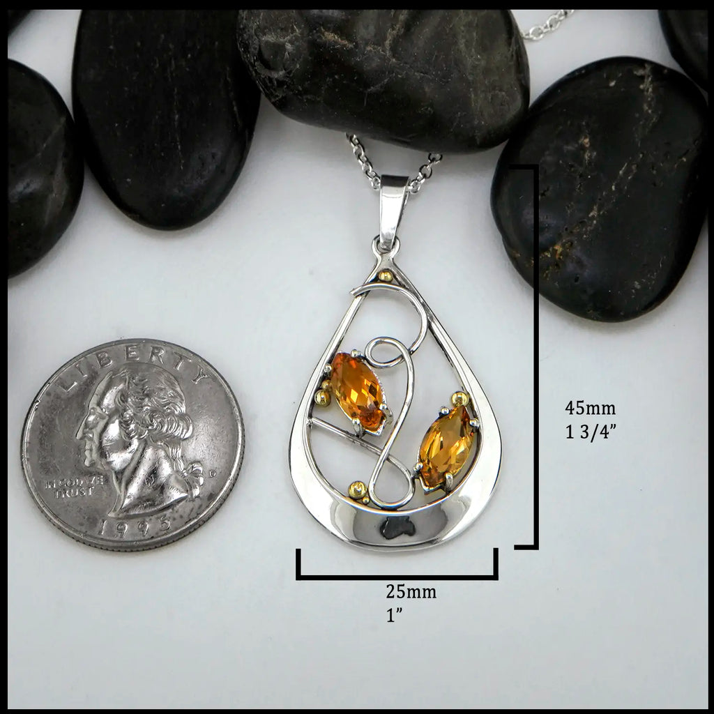 Twin Marquise Citrine Pendant set in Sterling Silver and 18K Gold 45mm x 25mm