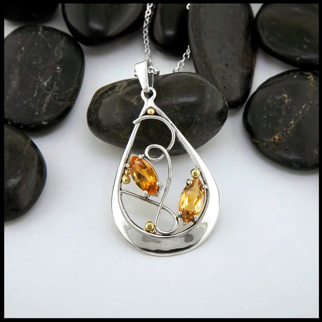 Twin Marquise Citrine Pendant set in Sterling Silver and 18K Gold