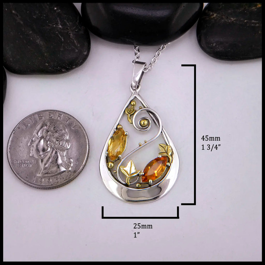 Twin Marquise Citrine Pendant set in Sterling Silver and 18K Gold 45mm x 25mm