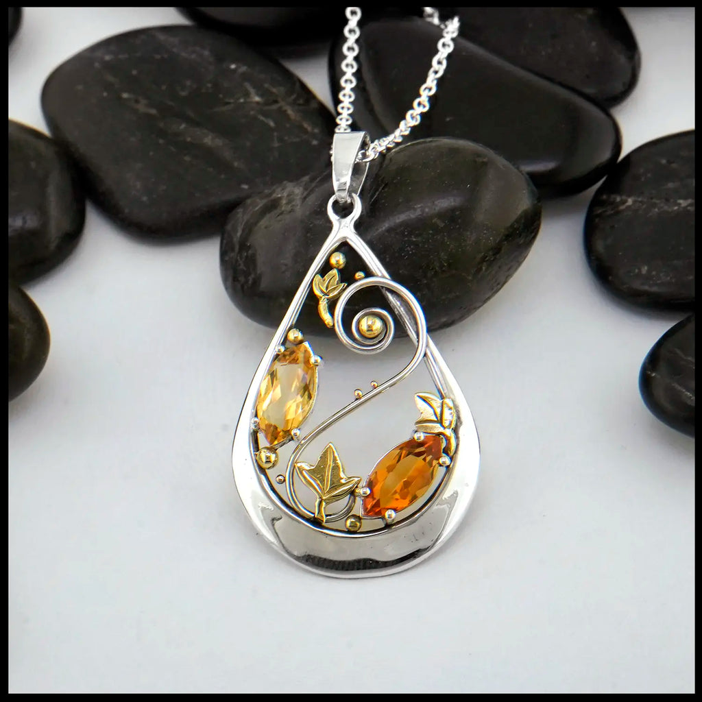 Twin Marquise Citrine Pendant set in Sterling Silver and 18K Gold