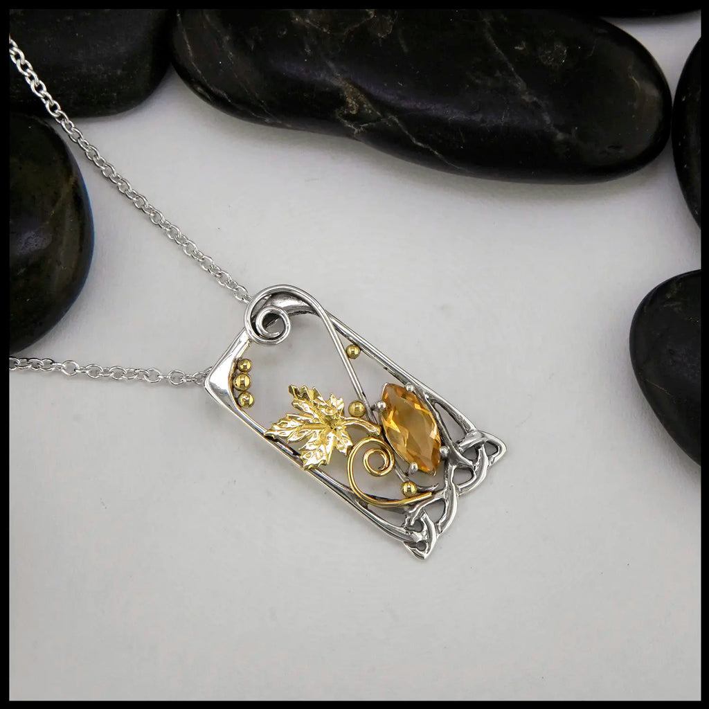 Citrine Maple Leaf Pendant in Sterling Silver and 18K Gold