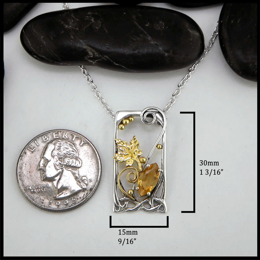 Citrine Maple Leaf Pendant in Sterling Silver and 18K Gold 30mm x 15mm