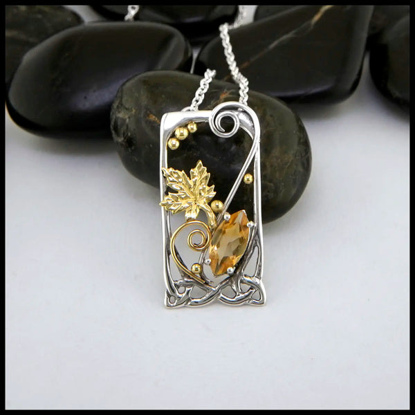 Citrine Maple Leaf Pendant in Sterling Silver and 18K Gold