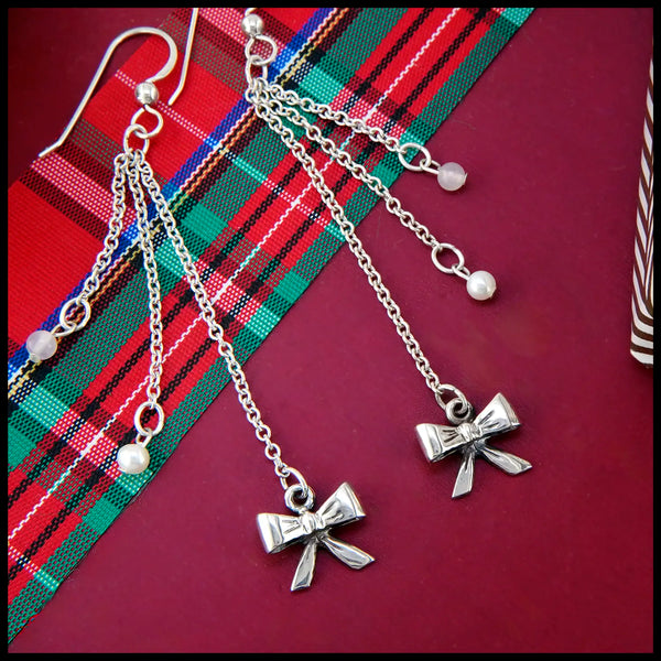 Sterling Silver Bow Drop Earrings with Rose Quartz and Pearl