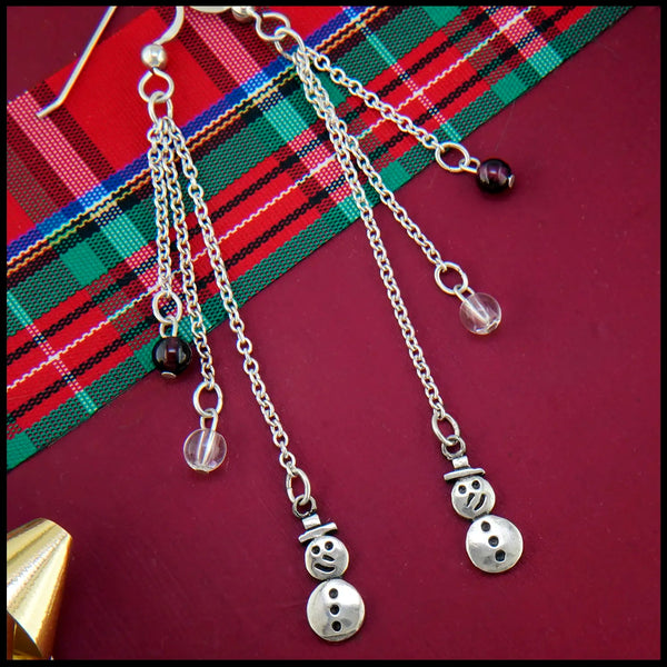 Snowman Chain Drop Earrings in silver with Garnet and Glass