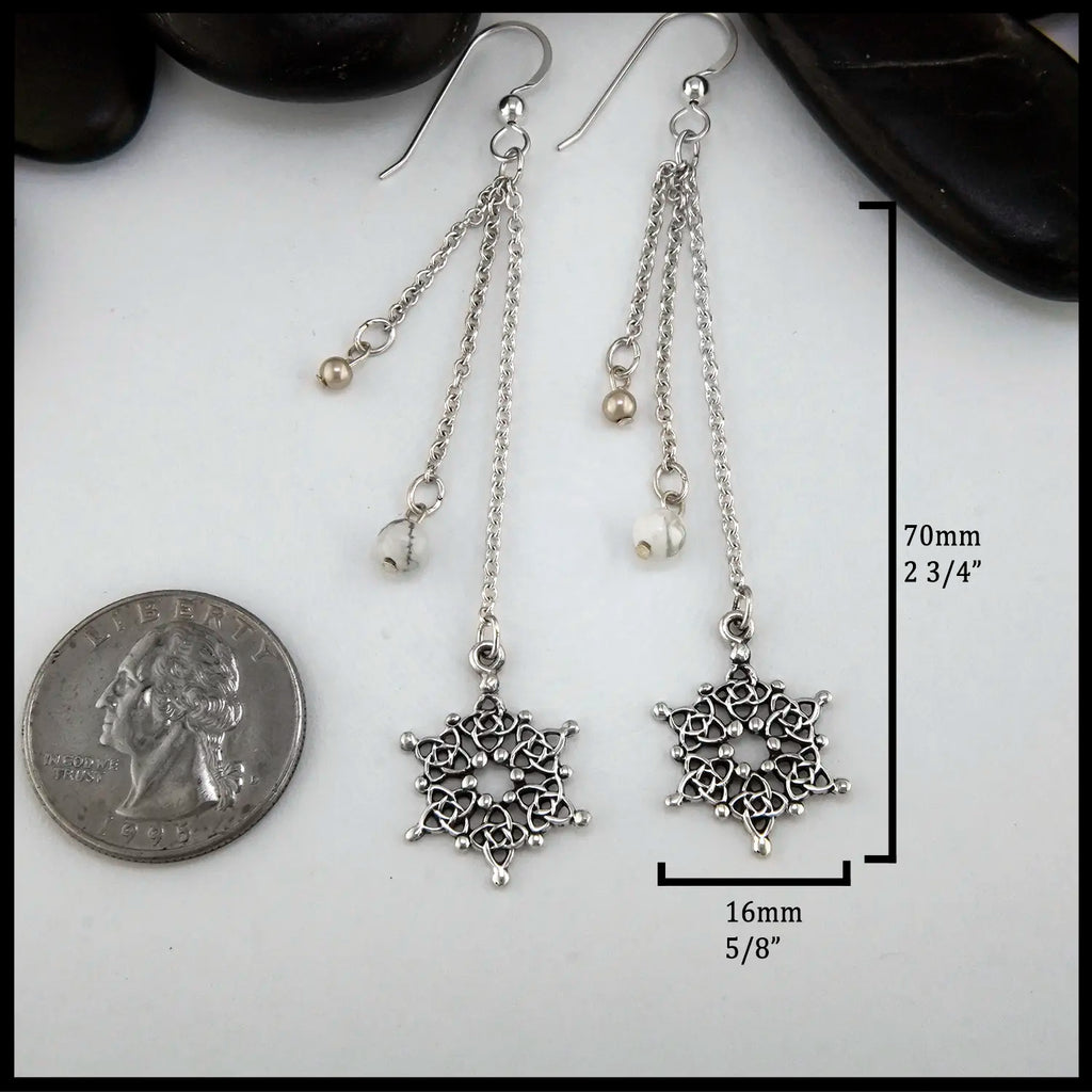 Snowflake Chain Drop Earrings In Sterling Silver with Howlite and Pearl 70mm x 16mm