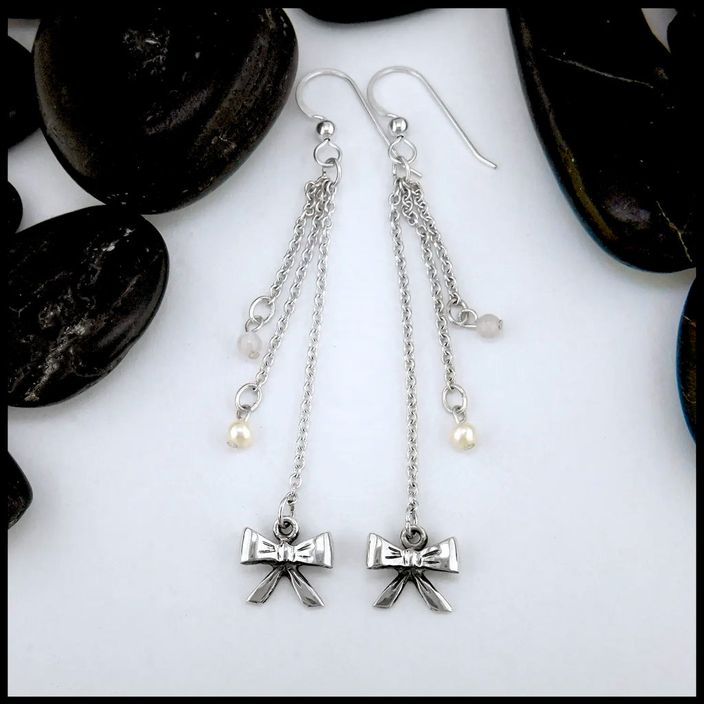 Sterling Silver Bow Drop Earrings with Rose Quartz and Pearl