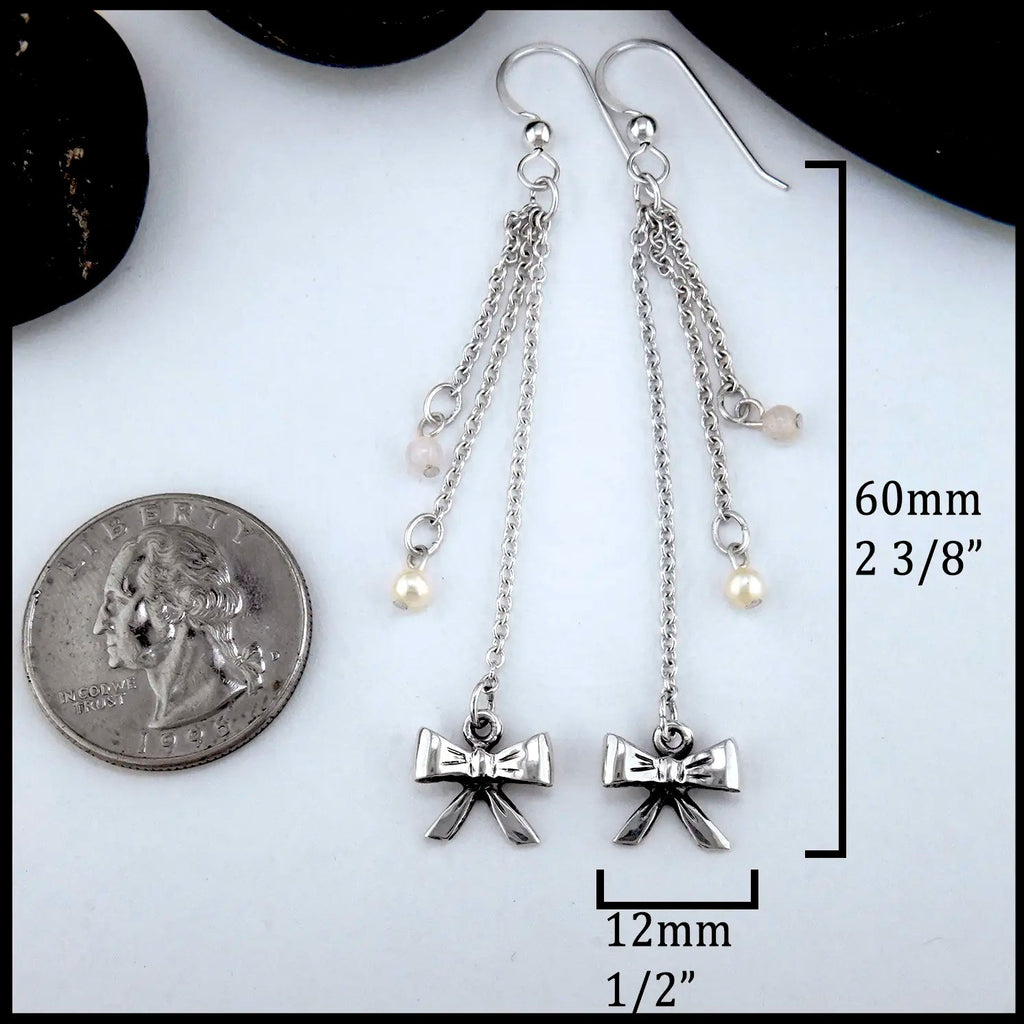 Sterling Silver Bow Drop Earrings with Rose Quartz and Pearl 60mm x 12mm