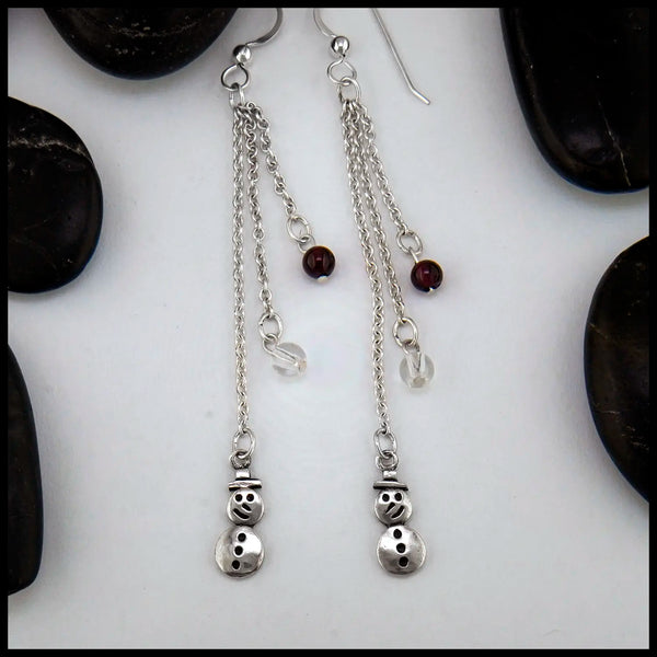 Snowman Chain Drop Earrings in silver with Garnet and Glass