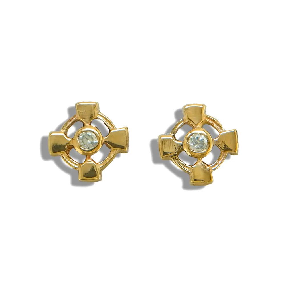 Celtic Cross Post Earrings with Diamond in 14K Gold