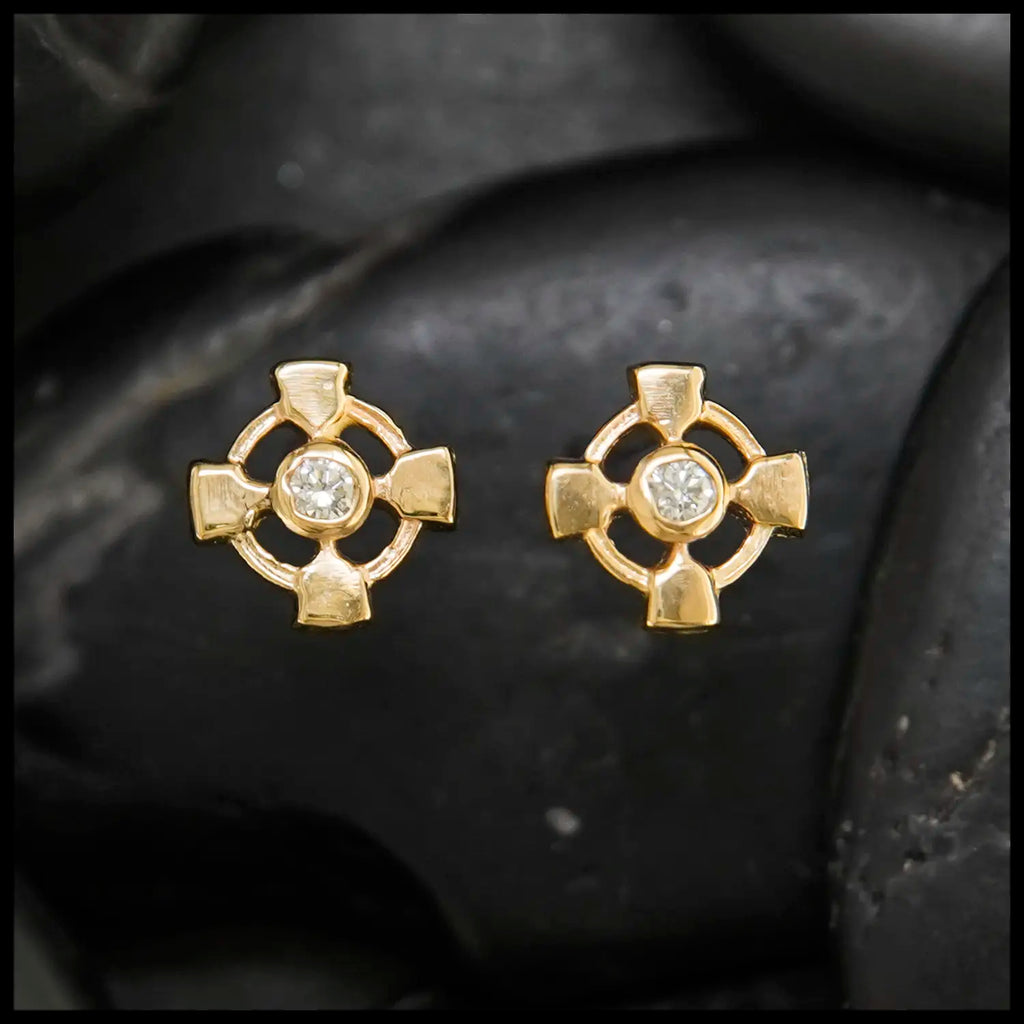 Celtic Cross Post Earrings with Diamond in 14K Gold