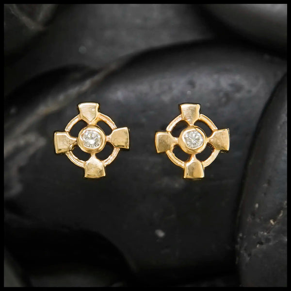Celtic Cross Post Earrings with Diamond in 14K Gold