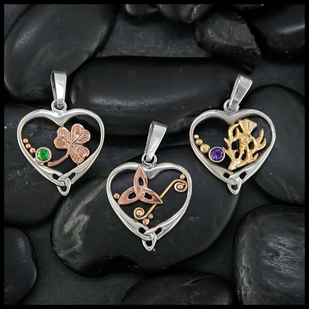 Heart Pendants with Thistle, Shamrock, or Trinity Knot
