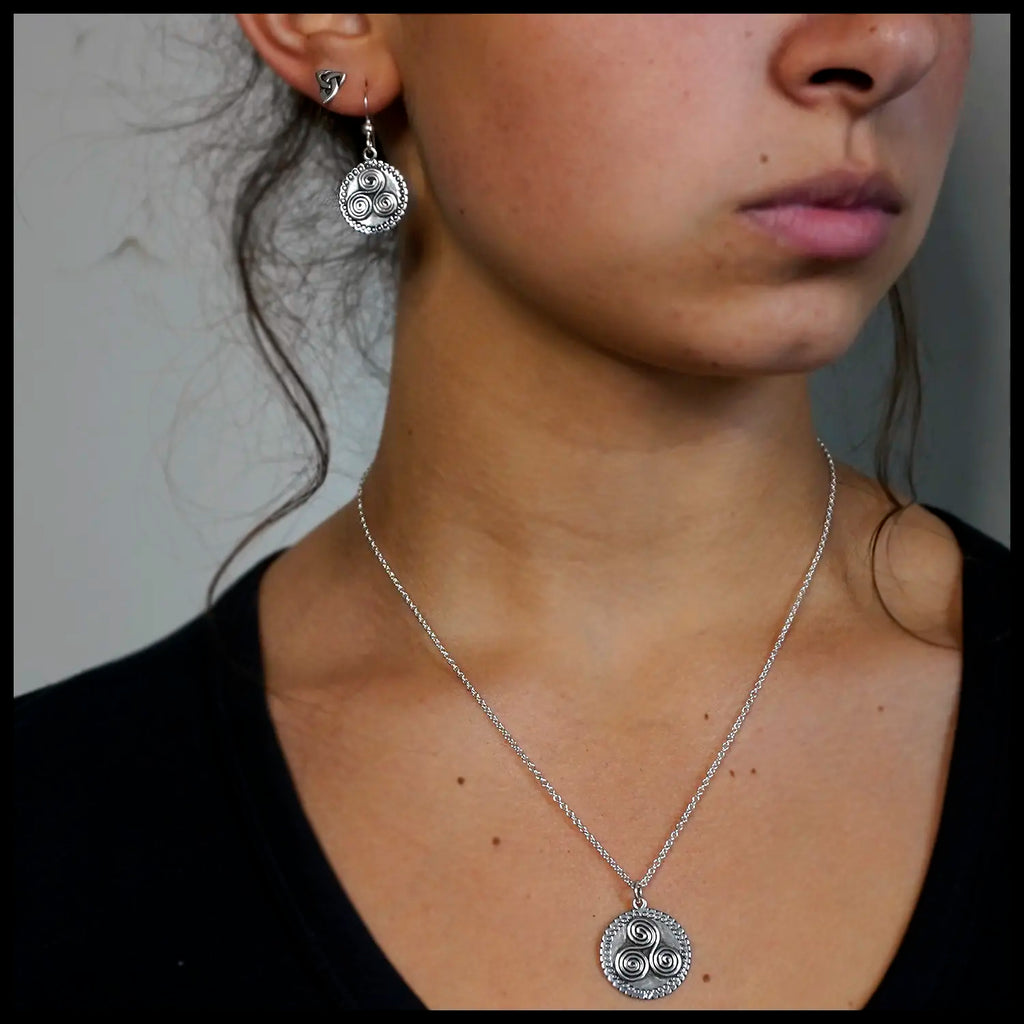 Newgrange Triskele Pendant and Earring Set in Sterling Silver