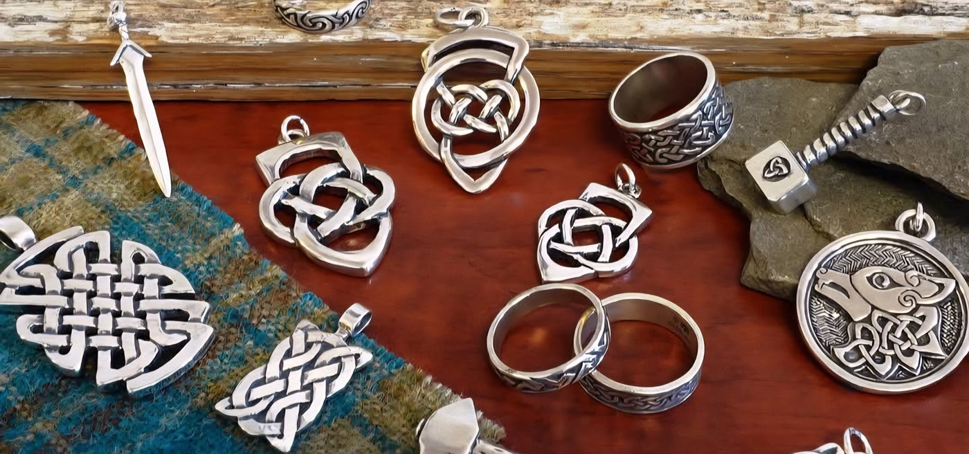 Celtic Father's Day gifts: men's rings, knotwork pendants, Thor's hammer and Celtic crosses in sterling silver
