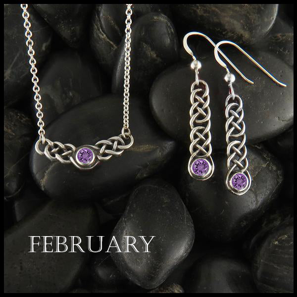 February Birthstone Celtic Love Knot Necklace and Earring Set in Silver
