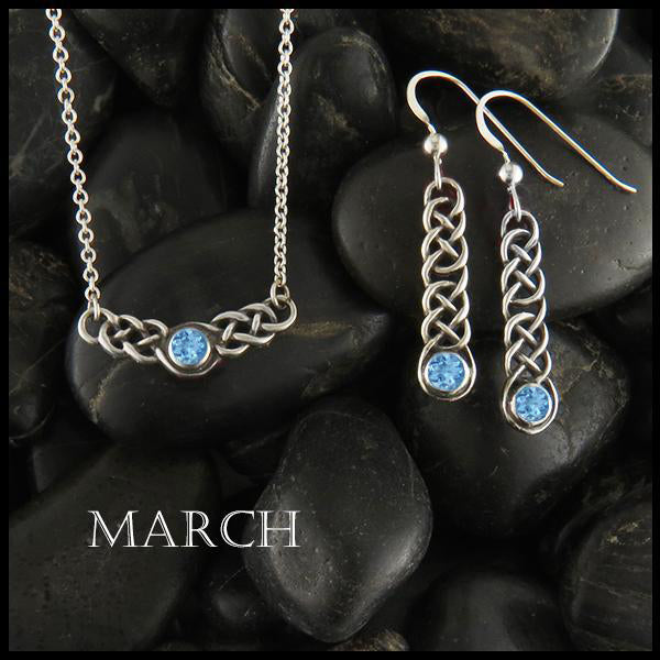 March Birthstone Celtic Love Knot Necklace and Earring Set in Silver