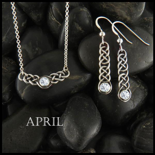 April Birthstone Celtic Love Knot Necklace and Earring Set in Silver