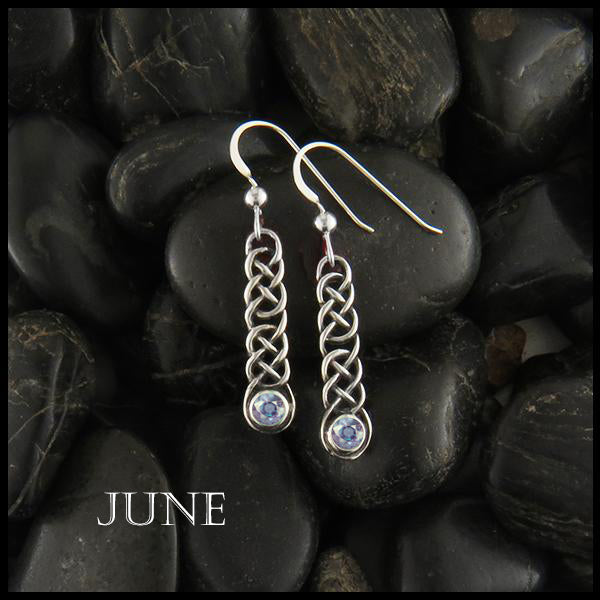 June Birthstone Celtic Love Knot Earrings in Silver