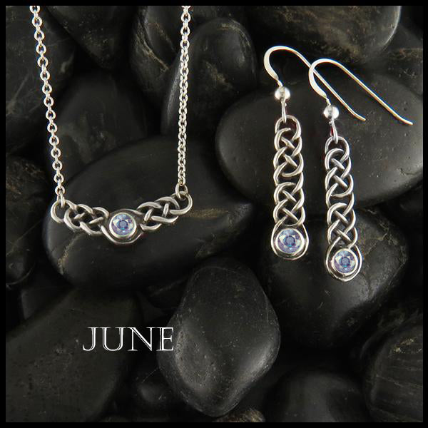 June Birthstone Celtic Love Knot Necklace and Earring Set in Silver