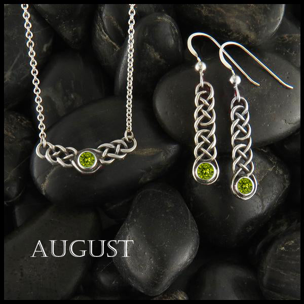 August Birthstone Celtic Love Knot Necklace and Earring Set in Silver