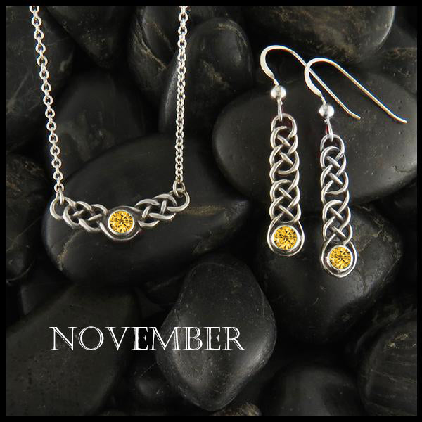 November Birthstone Celtic Love Knot Necklace and Earring Set in Silver